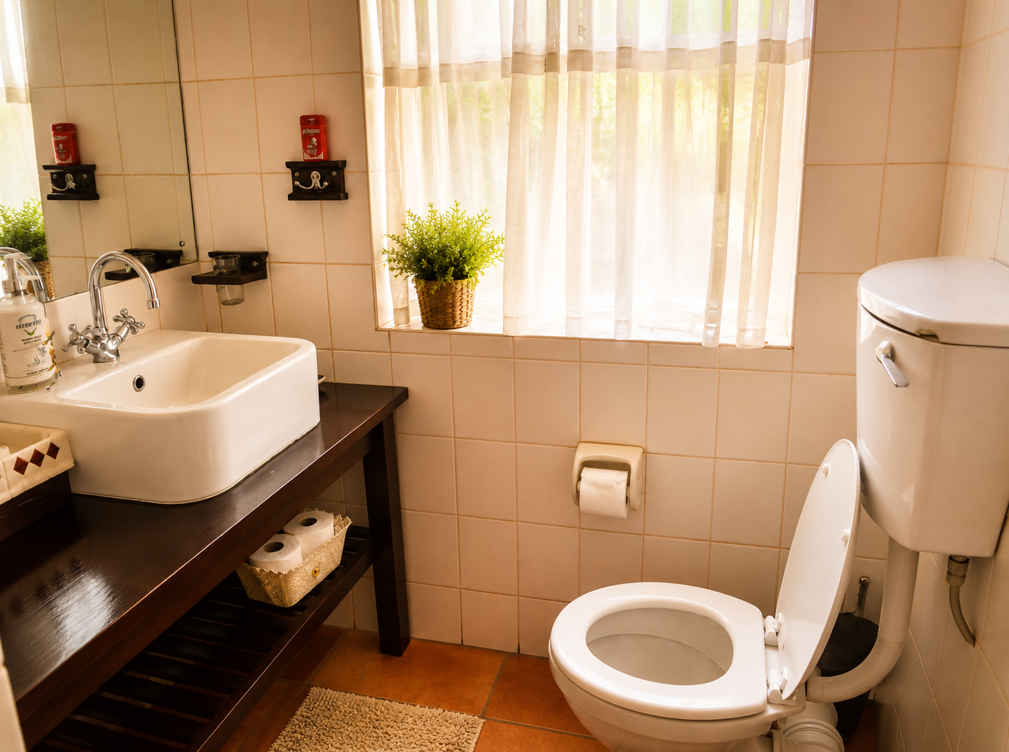 Hibiskus Suite bathroom vanity with basin, mirror, soft window light and tiled walls